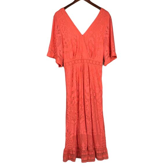 Farm Rio Devore Maxi Dress Orange Coral Women's Flowy Lace Surplice Boho Flounce - Picture 1 of 16